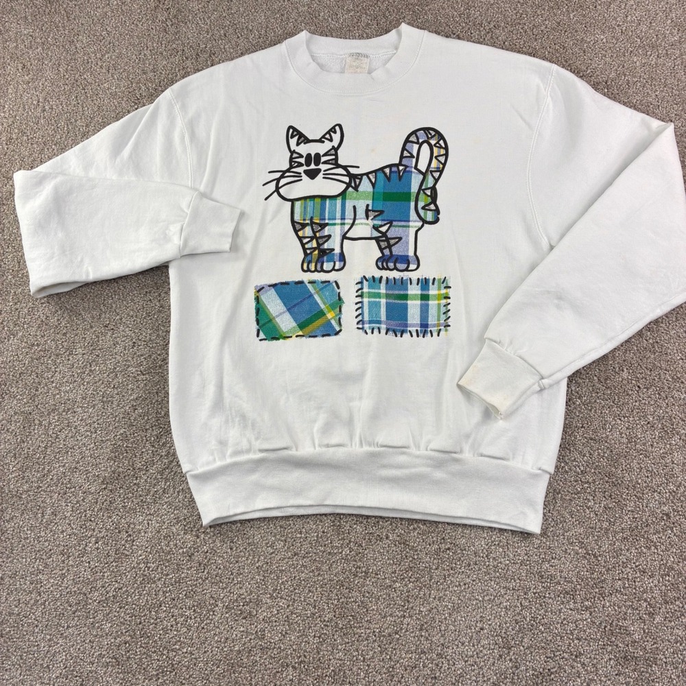 Vintage Fruit of the Loom Plaid Cat Sweatshirt L White Crewneck Appliqué USA 90s